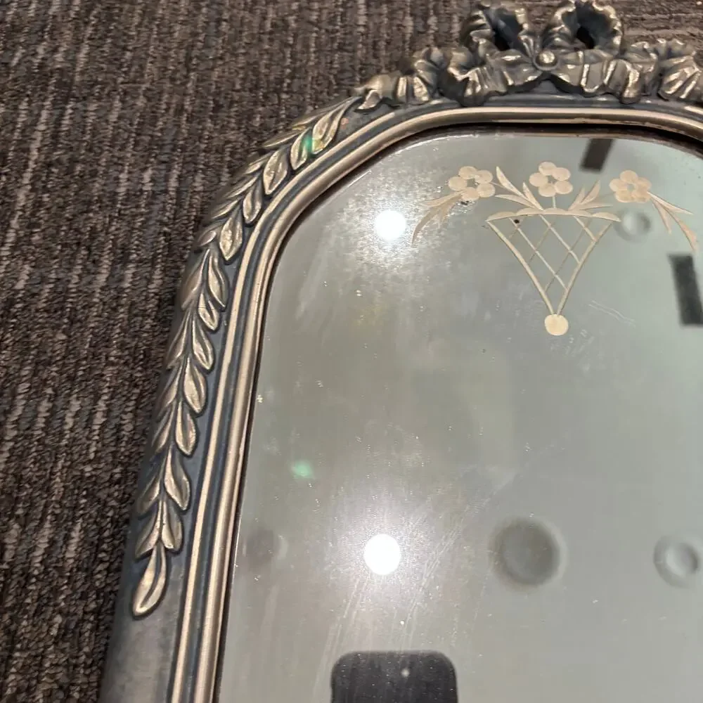 Vintage Arched Blue and Silver Gesso Frame Art Deco Floral Etched Mirror 12”x19”